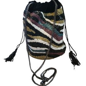 NWT Unique Zara Beaded Black Velvet Bucket Bag Crossbody with Dustbag